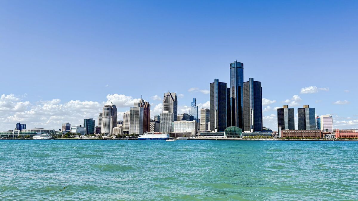 The Detroit skyline seen across the river at midday