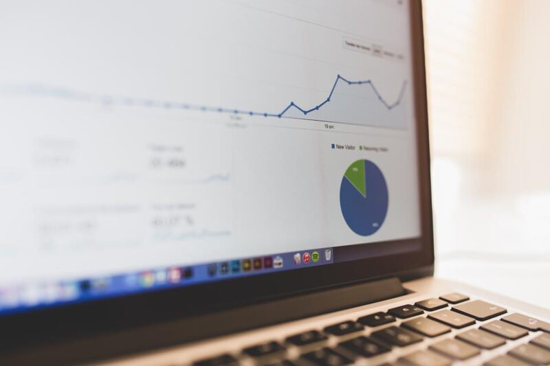Laptop screen showing marketing analytics charts and campaign performance data